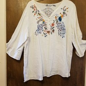 White Linen Peacock Embroidered Blouse